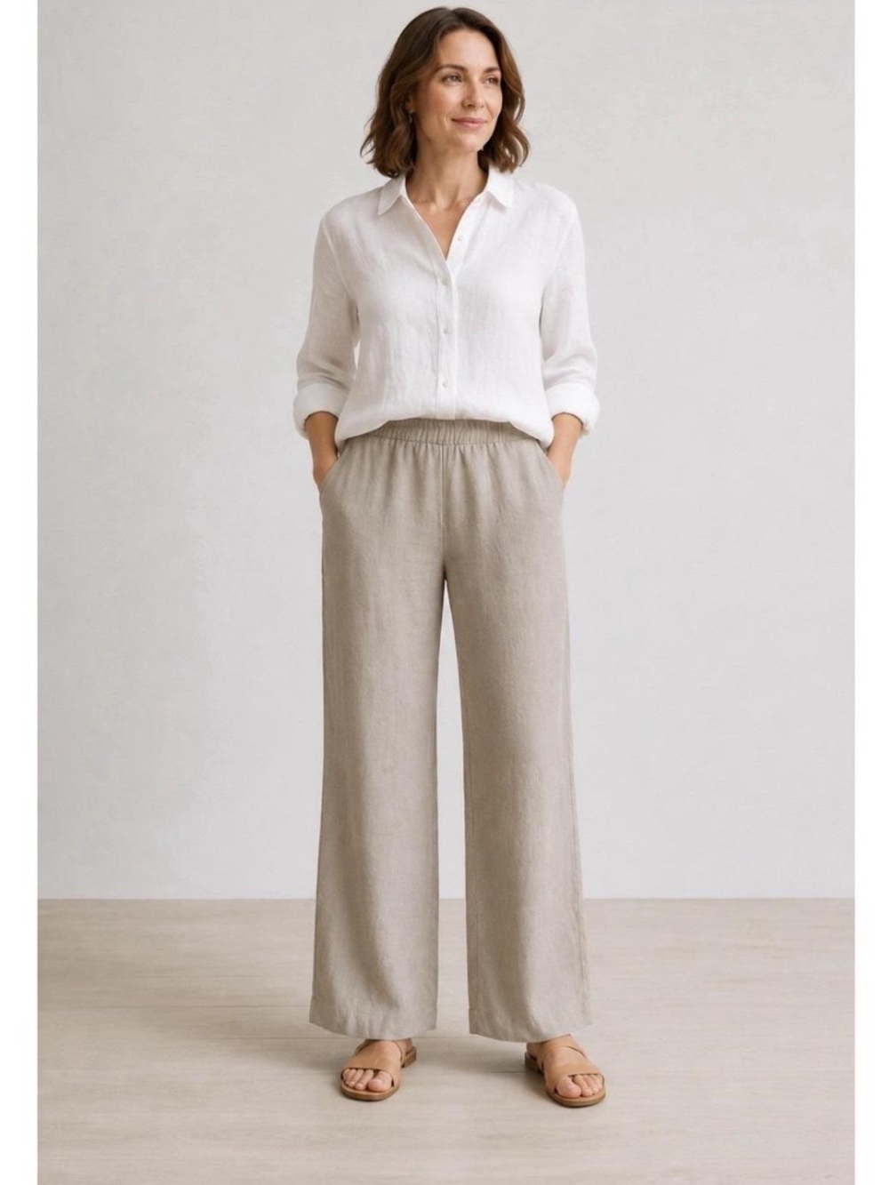 Pure J.Jill Wide-Leg Elastic-Waist Linen Pants Cream Beige Fall Comfort Sz XL
